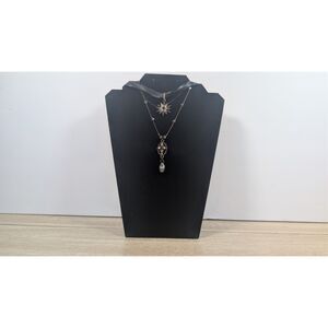 Layered Bronze Tone Necklace Crystal Star Pendant Beaded Drop Boho